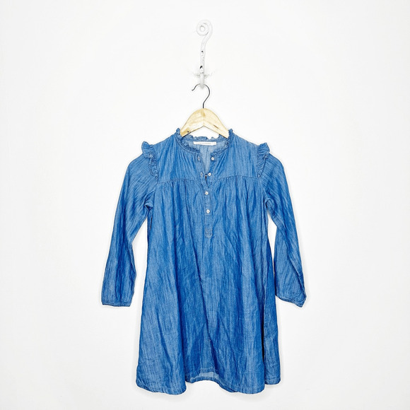 LES ESSENTIELS DE MONOPRIX Chambray long sleeve ruffle dress blue Girls 8 - Picture 1 of 7